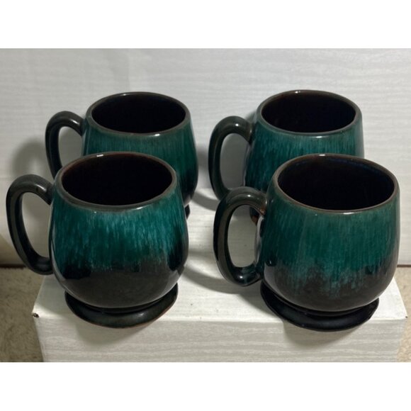 Evangeline Pottery Coffee Mugs Set Of 4 Green Black Drip Glaze Canada MCM Vtg - Picture 4 of 7